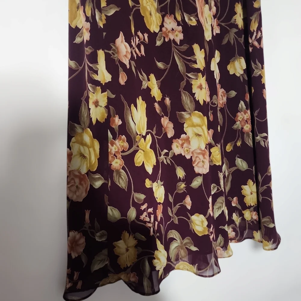 Vintage Maroon Floral Rose Maxi Skirt Side Button Sheer Overlay Boho Grunge